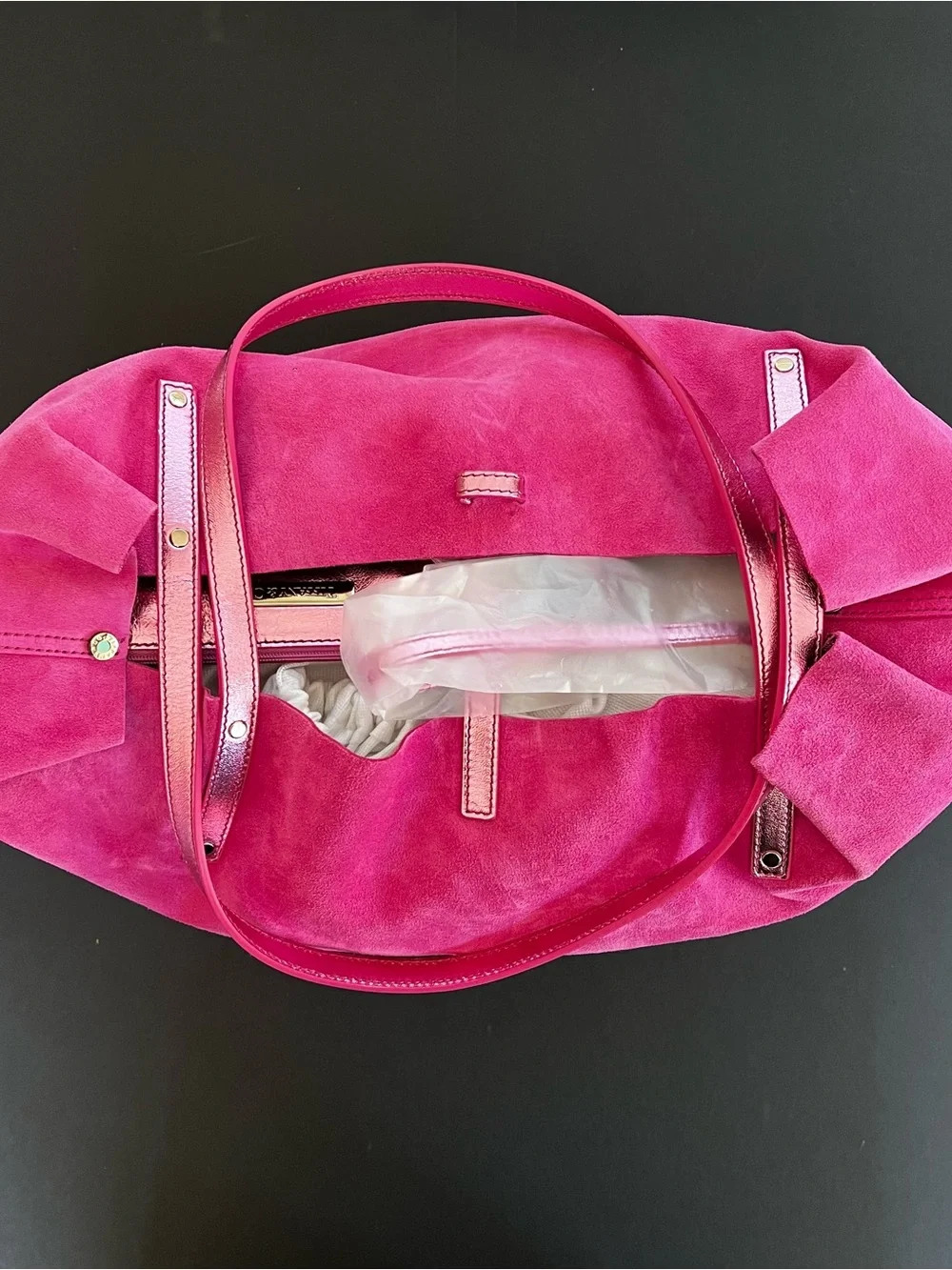 Tiffany & Co Slouchy Hot Pink Suede Reversible Metallic Large Tote Bag New